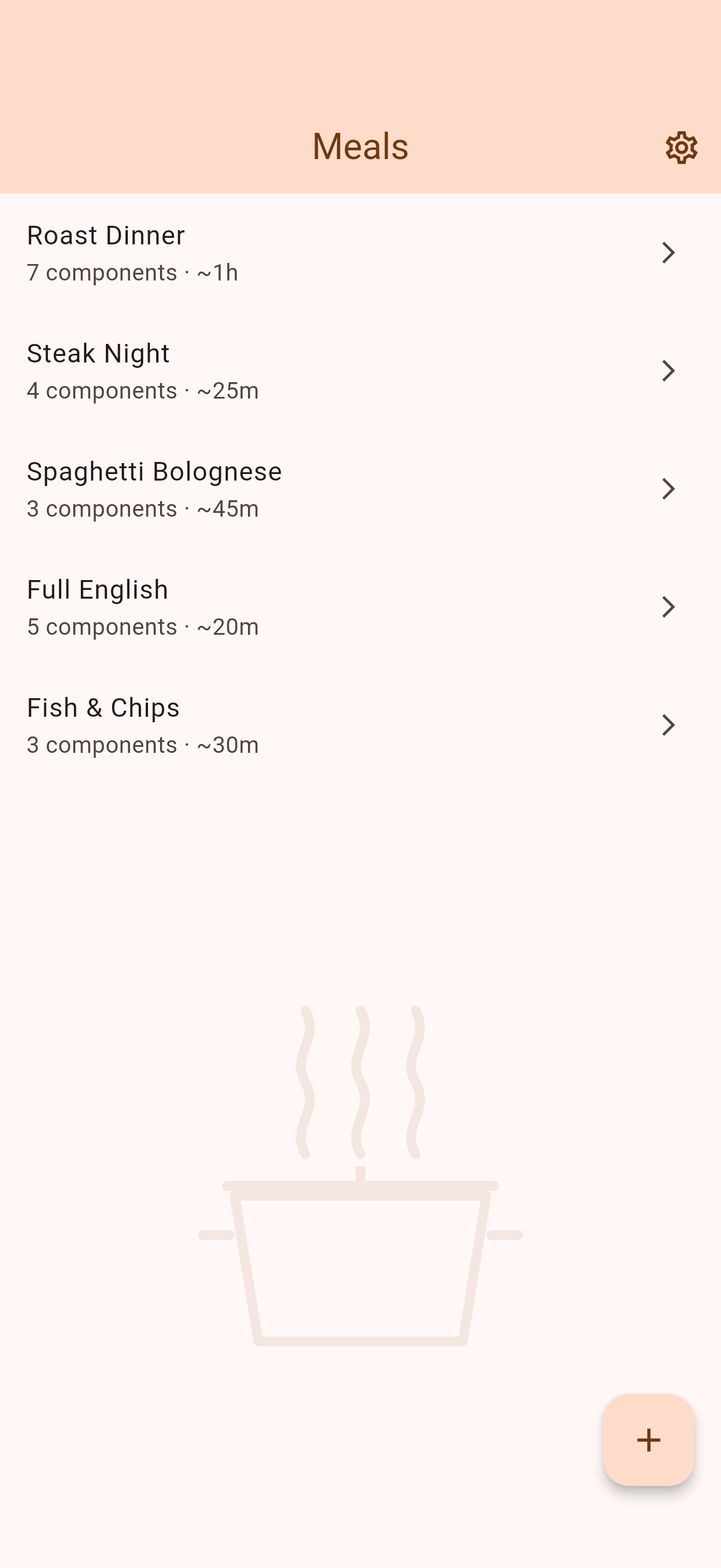Meal library screen listing five saved meals