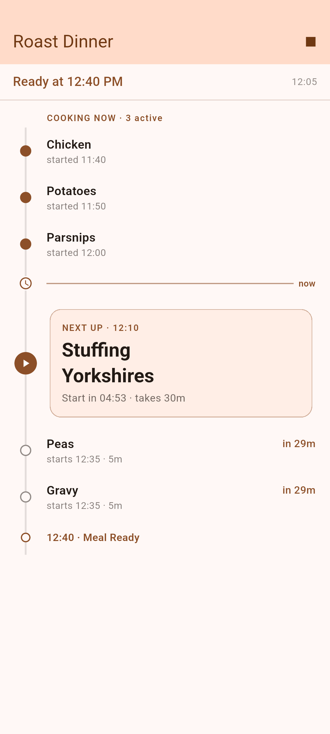 KitchenSync cook mode showing a live Roast Dinner timeline