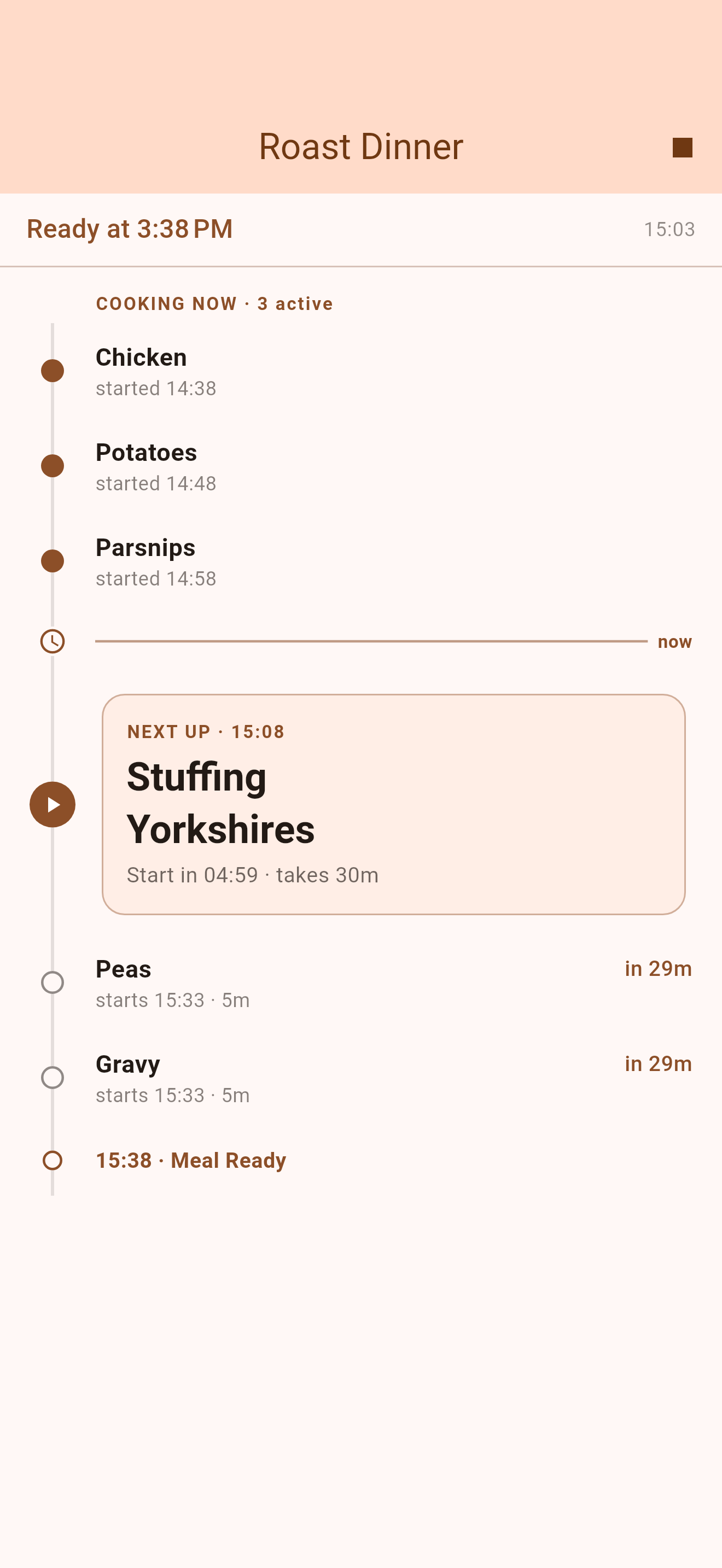 Kitchen Sync cook mode showing a live Roast Dinner timeline