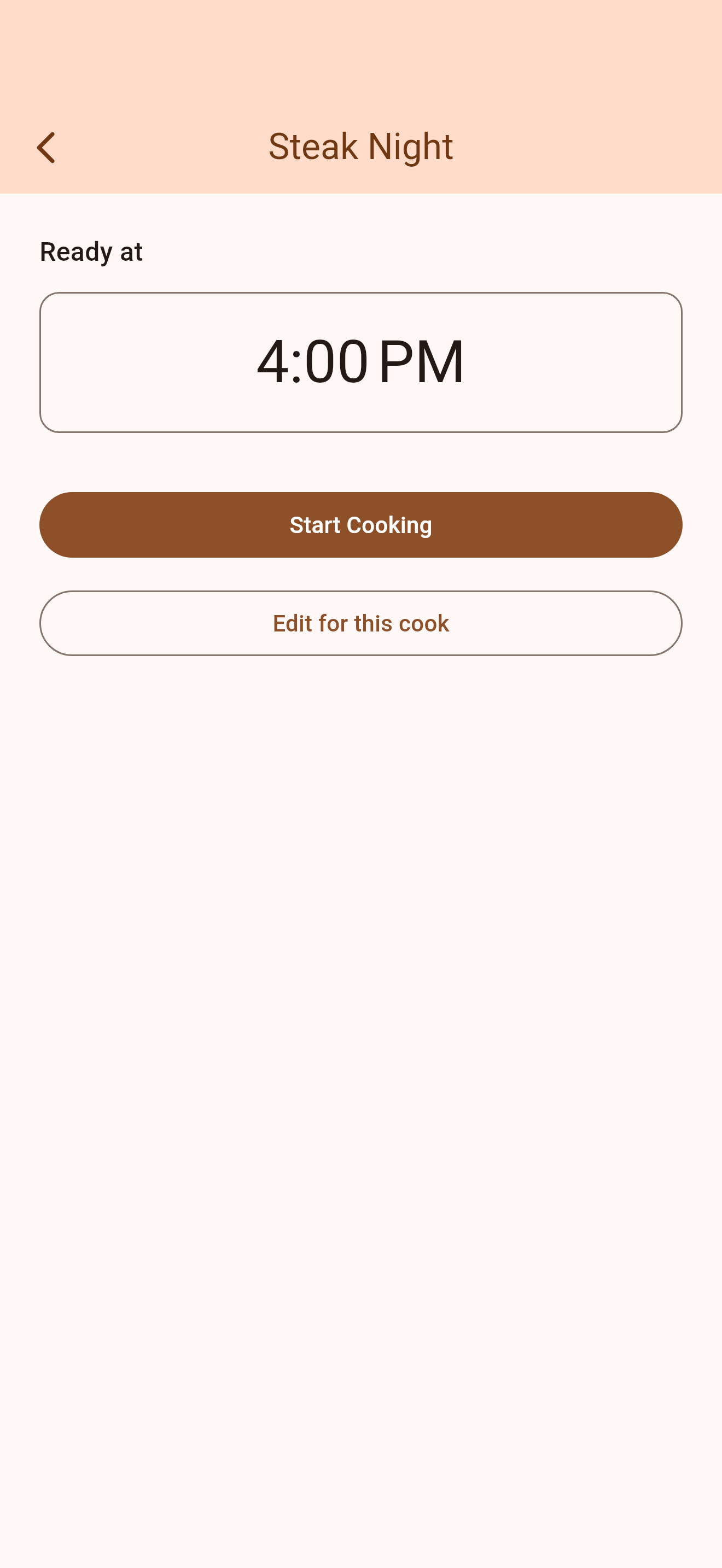 Set end time screen for Steak Night, ready at 4:00 PM