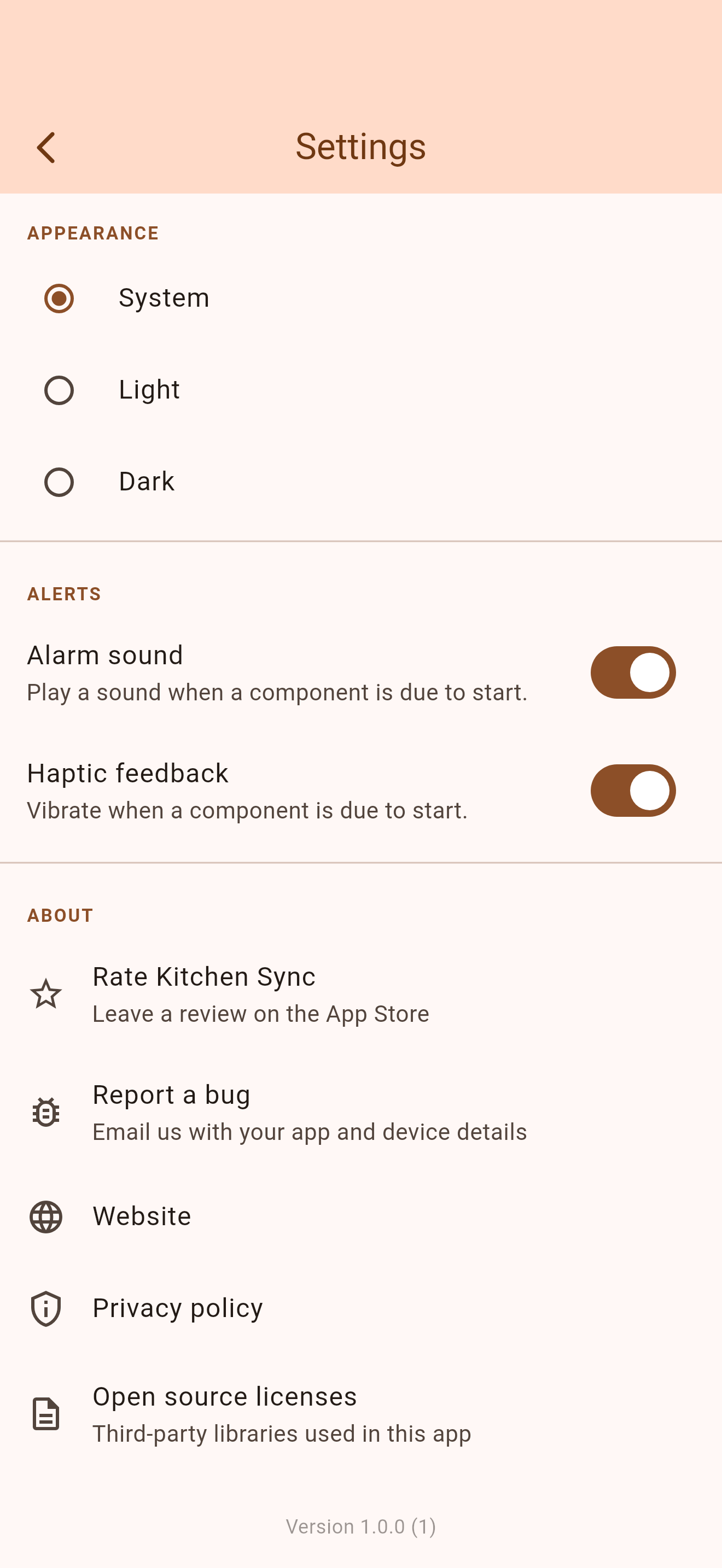 Settings screen with theme, alarm sound and haptic feedback options